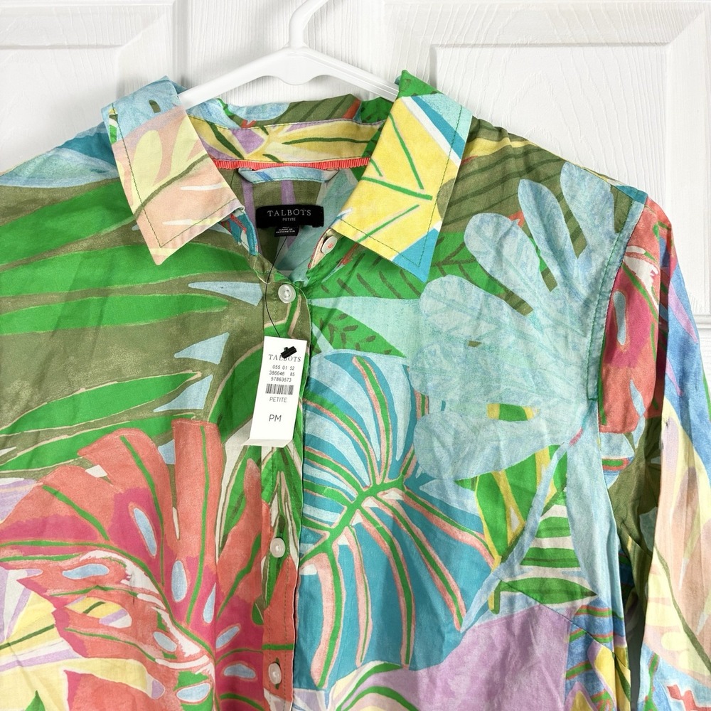 NWT Talbots Tropical Colorful Cotton Button Up Long Sleeve Shirt Medium Petite - Picture 2 of 6